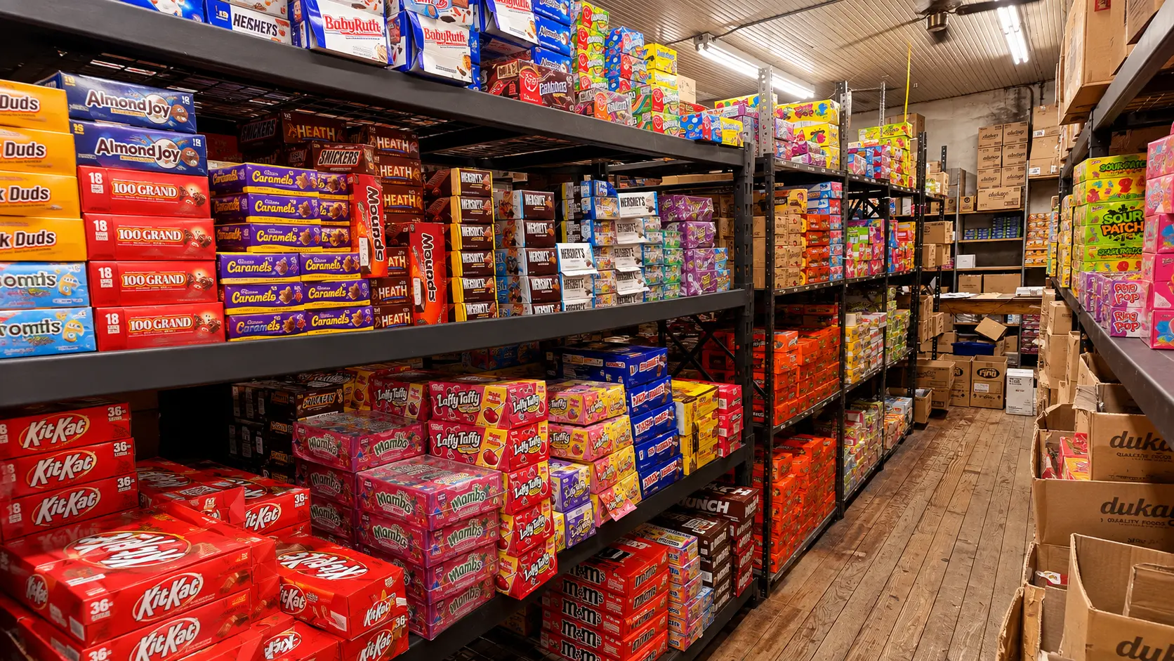 Shelves stocked with cases of candy bars and confections in the Lambert's pick aisle